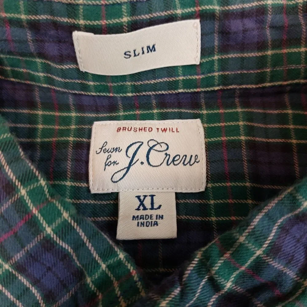 J.Crew Slim Brushed Twill Button Down Shirt Mens Xl Green Blue Tartan Plaid